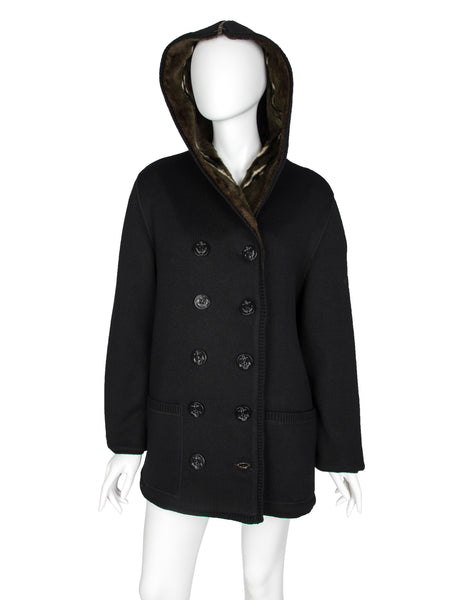 Jean Paul Gaultier Vintage AW 1988 Mens Black Knit and Green Faux Fur Reversible Hooded Peacoat