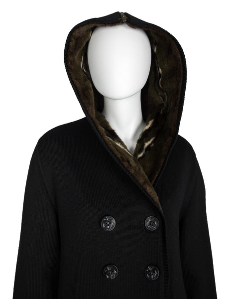 Jean Paul Gaultier Vintage AW 1988 Mens Black Knit and Green Faux Fur Reversible Hooded Peacoat