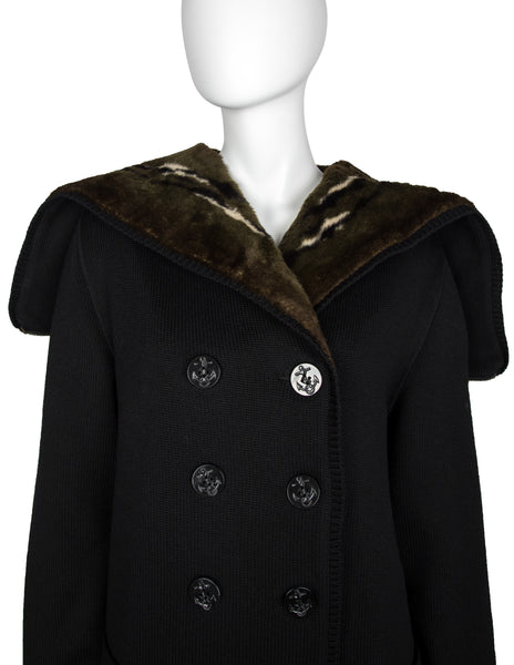 Jean Paul Gaultier Vintage AW 1988 Mens Black Knit and Green Faux Fur Reversible Hooded Peacoat