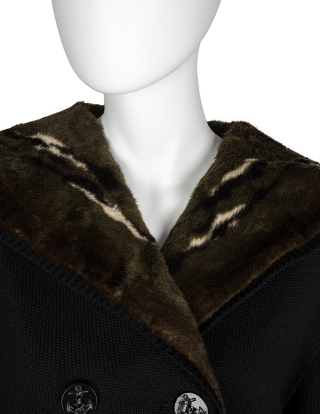 Jean Paul Gaultier Vintage AW 1988 Mens Black Knit and Green Faux Fur Reversible Hooded Peacoat