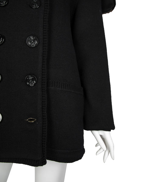 Jean Paul Gaultier Vintage AW 1988 Mens Black Knit and Green Faux Fur Reversible Hooded Peacoat