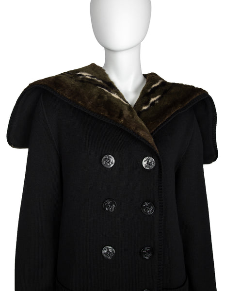 Jean Paul Gaultier Vintage AW 1988 Mens Black Knit and Green Faux Fur Reversible Hooded Peacoat