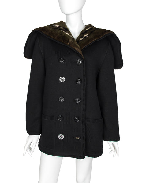 Jean Paul Gaultier Vintage AW 1988 Mens Black Knit and Green Faux Fur Reversible Hooded Peacoat