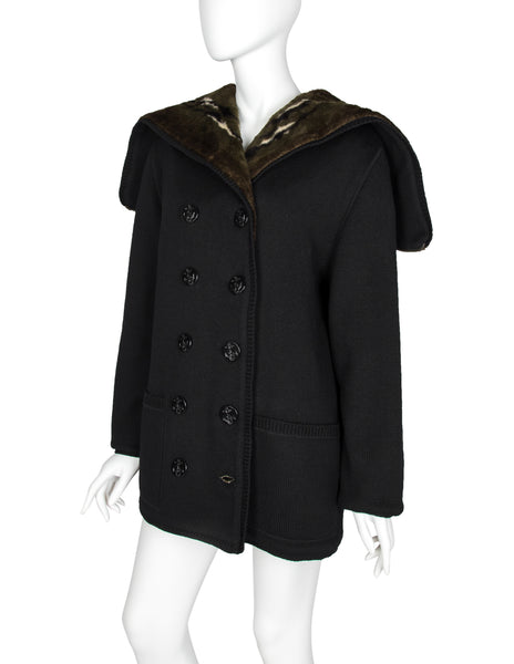 Jean Paul Gaultier Vintage AW 1988 Mens Black Knit and Green Faux Fur Reversible Hooded Peacoat