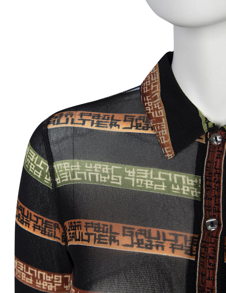 Jean Paul Gaultier Vintage AW 1999 Namesake Stripe Button Up Mesh Shirt
