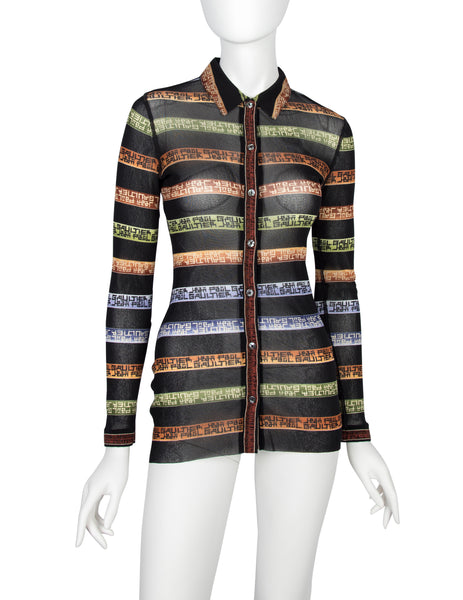 Jean Paul Gaultier Vintage AW 1999 Namesake Stripe Button Up Mesh Shirt
