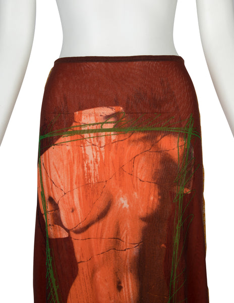 Jean Paul Gaultier Vintage SS 1999 Iconic Venus de Milo Trompe L'oeil Colorful Mesh Tiered Skirt