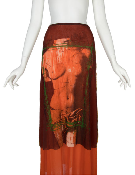 Jean Paul Gaultier Vintage SS 1999 Iconic Venus de Milo Trompe L'oeil Colorful Mesh Tiered Skirt