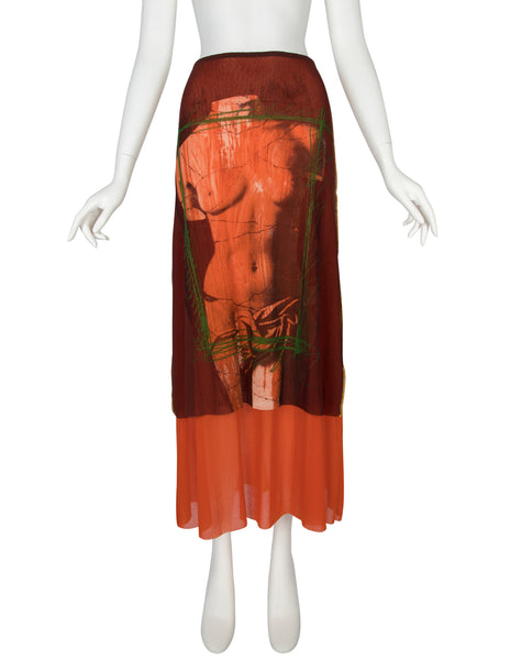 Jean Paul Gaultier Vintage SS 1999 Iconic Venus de Milo Trompe L'oeil Colorful Mesh Tiered Skirt