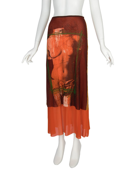 Jean Paul Gaultier Vintage SS 1999 Iconic Venus de Milo Trompe L'oeil Colorful Mesh Tiered Skirt