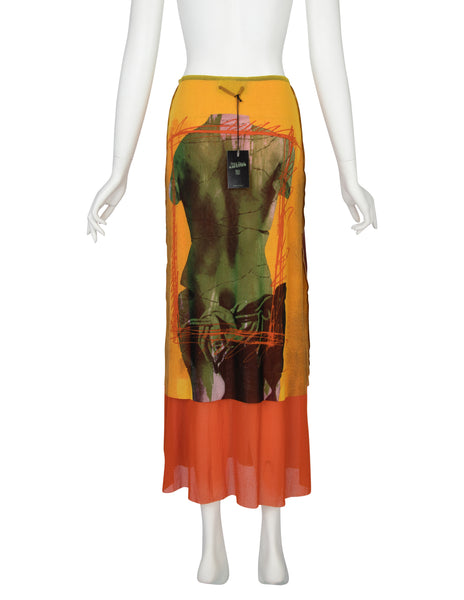 Jean Paul Gaultier Vintage SS 1999 Iconic Venus de Milo Trompe L'oeil Colorful Mesh Tiered Skirt