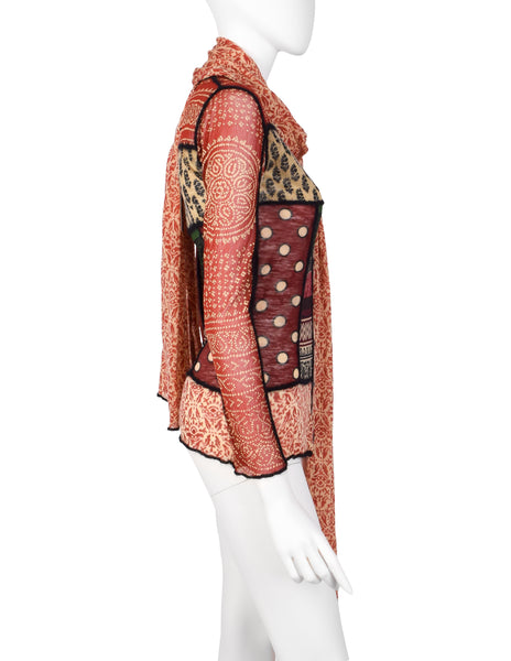 Jean Paul Gaultier Vintage AW 2000 Multicolor Patchwork Mixed Print Mesh and Wool Cardigan with Attached Scarf