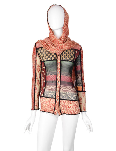 Jean Paul Gaultier Vintage AW 2000 Multicolor Patchwork Mixed Print Mesh and Wool Cardigan with Attached Scarf