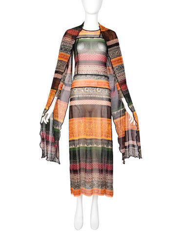 Jean Paul Gaultier Vintage AW 2000 Multicolor Mixed Print Pieced Patchwork Sheer Mesh Dress with Attached Scarf