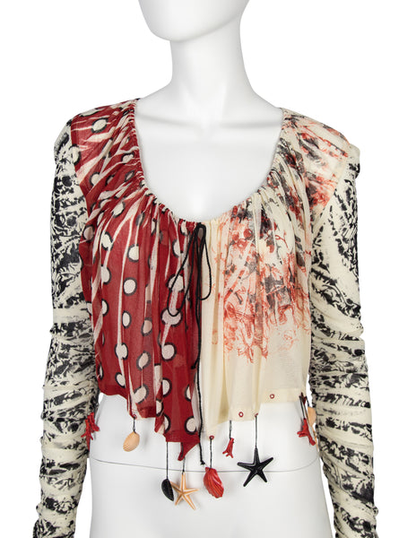 Jean Paul Gaultier Vintage SS 2004 Mixed Print Charm Embellished Mesh Top