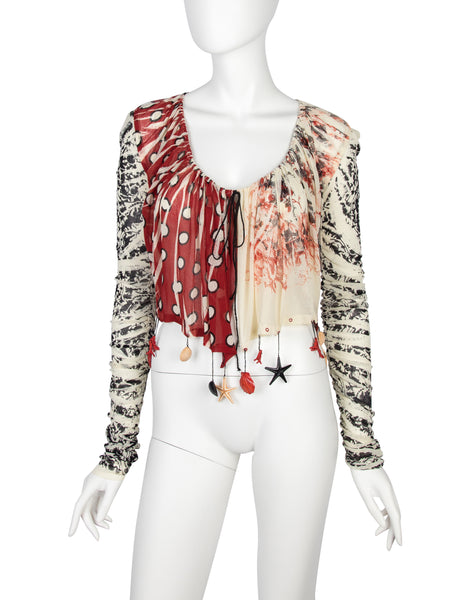 Jean Paul Gaultier Vintage SS 2004 Mixed Print Charm Embellished Mesh Top