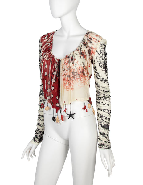 Jean Paul Gaultier Vintage SS 2004 Mixed Print Charm Embellished Mesh Top