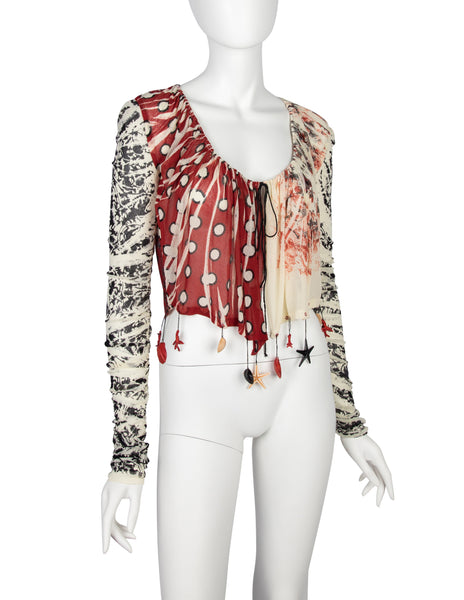 Jean Paul Gaultier Vintage SS 2004 Mixed Print Charm Embellished Mesh Top