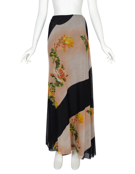 Jean Paul Gaultier Vintage SS 2001 Rose Print Mesh Maxi Skirt