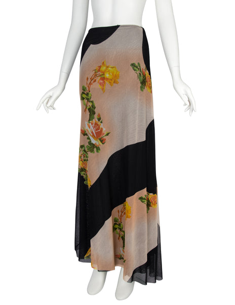 Jean Paul Gaultier Vintage SS 2001 Rose Print Mesh Maxi Skirt