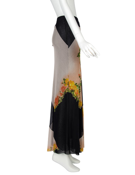 Jean Paul Gaultier Vintage SS 2001 Rose Print Mesh Maxi Skirt