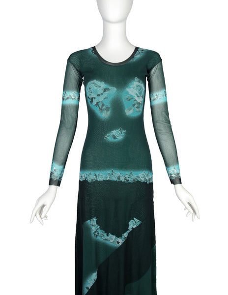 Jean Paul Gaultier Vintage SS 2001 Black and Green Rose Print Mesh Maxi Dress