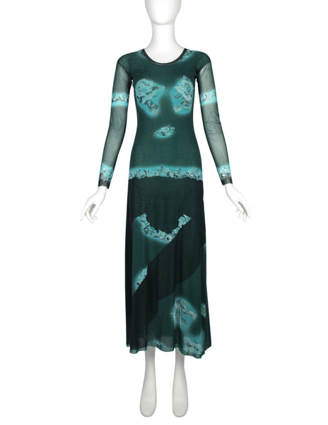 Jean Paul Gaultier Vintage SS 2001 Black and Green Rose Print Mesh Maxi Dress