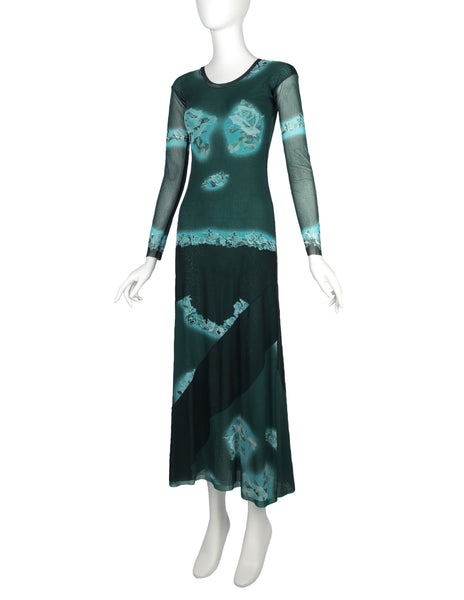 Jean Paul Gaultier Vintage SS 2001 Black and Green Rose Print Mesh Maxi Dress