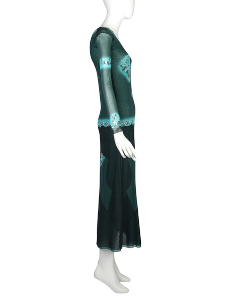 Jean Paul Gaultier Vintage SS 2001 Black and Green Rose Print Mesh Maxi Dress