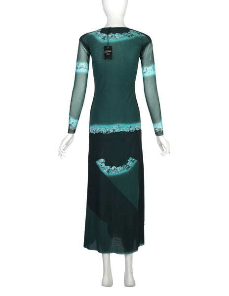 Jean Paul Gaultier Vintage SS 2001 Black and Green Rose Print Mesh Maxi Dress