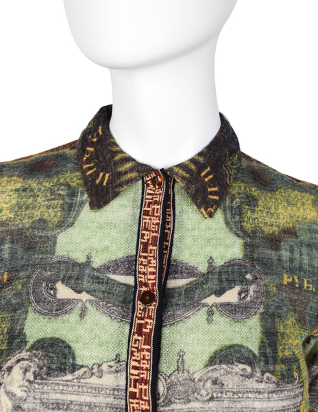 Jean Paul Gaultier Vintage AW 1999 Green Multicolor Currency Print Wool Button Up Shirt