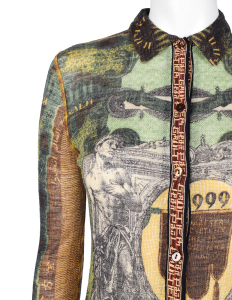 Jean Paul Gaultier Vintage AW 1999 Green Multicolor Currency Print Wool Button Up Shirt