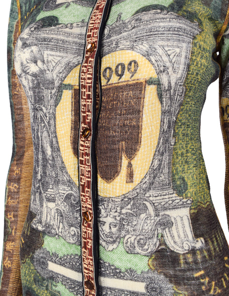 Jean Paul Gaultier Vintage AW 1999 Green Multicolor Currency Print Wool Button Up Shirt