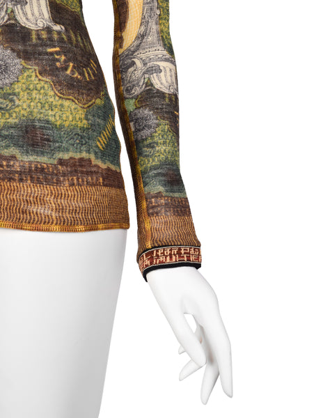Jean Paul Gaultier Vintage AW 1999 Green Multicolor Currency Print Wool Button Up Shirt