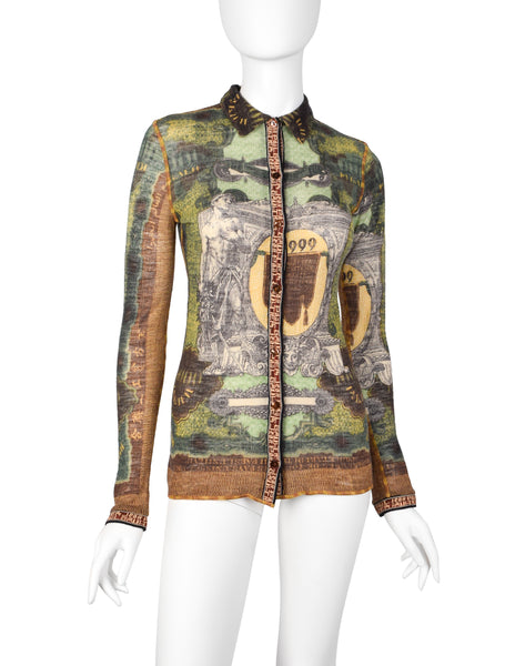 Jean Paul Gaultier Vintage AW 1999 Green Multicolor Currency Print Wool Button Up Shirt