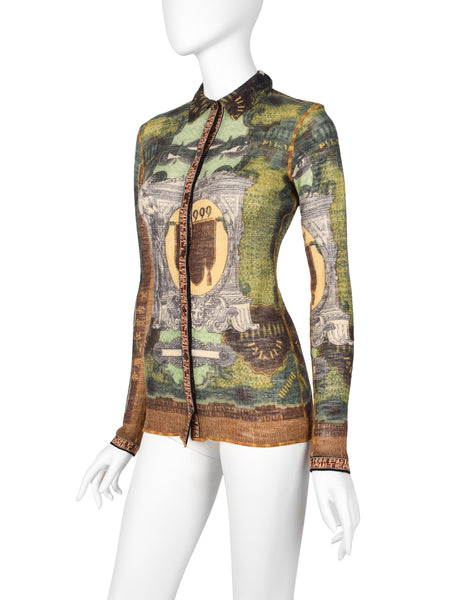 Jean Paul Gaultier Vintage AW 1999 Green Multicolor Currency Print Wool Button Up Shirt