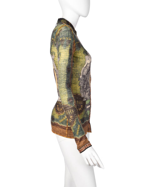 Jean Paul Gaultier Vintage AW 1999 Green Multicolor Currency Print Wool Button Up Shirt