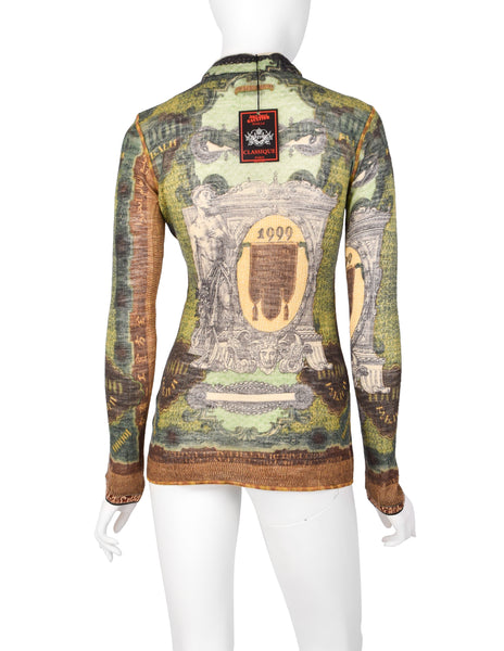 Jean Paul Gaultier Vintage AW 1999 Green Multicolor Currency Print Wool Button Up Shirt