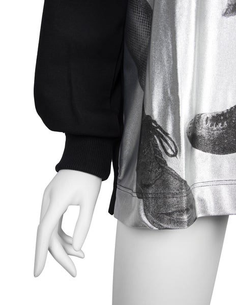 Jean Paul Gaultier Vintage AW 1992 Shoe & Leg Print Metallic Silver and Black Long Sleeve Shirt