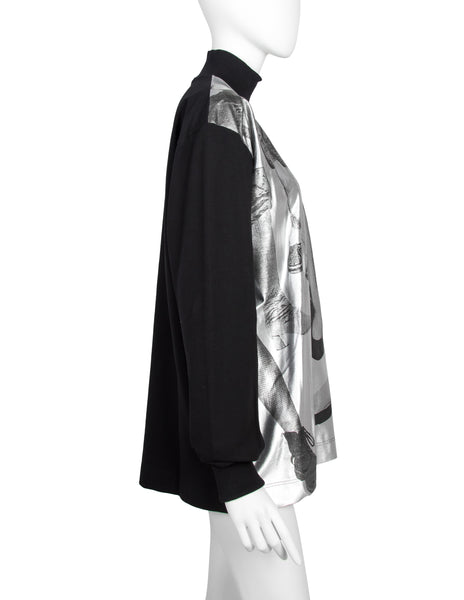 Jean Paul Gaultier Vintage AW 1992 Shoe & Leg Print Metallic Silver and Black Long Sleeve Shirt