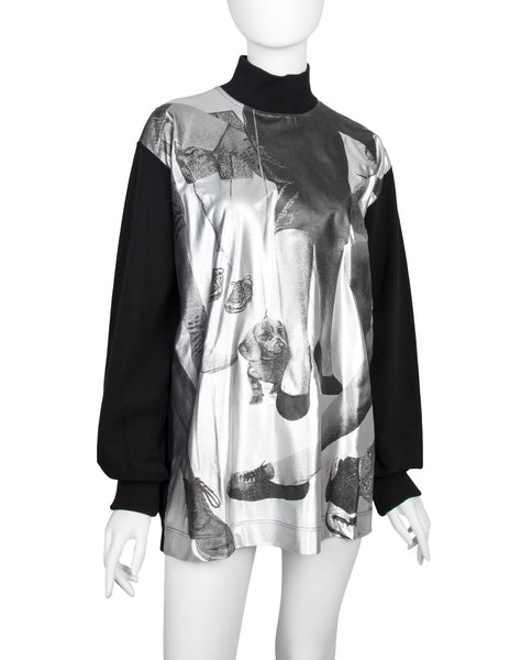 Jean Paul Gaultier Vintage AW 1992 Shoe & Leg Print Metallic Silver and Black Long Sleeve Shirt
