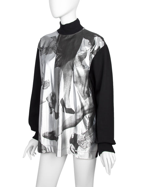 Jean Paul Gaultier Vintage AW 1992 Shoe & Leg Print Metallic Silver and Black Long Sleeve Shirt