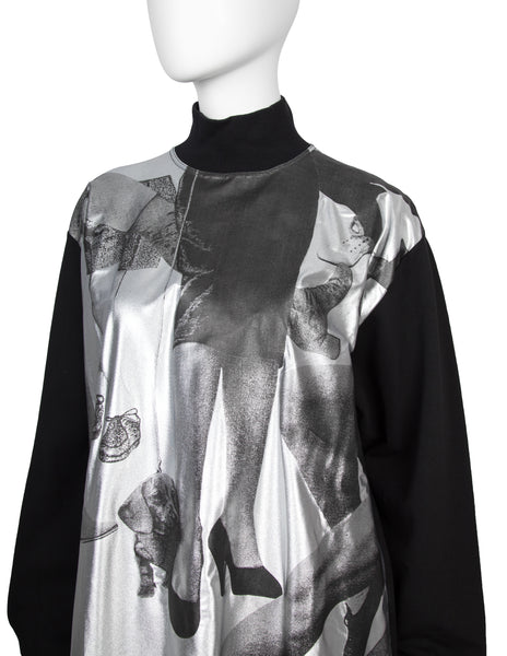 Jean Paul Gaultier Vintage AW 1992 Shoe & Leg Print Metallic Silver and Black Long Sleeve Shirt