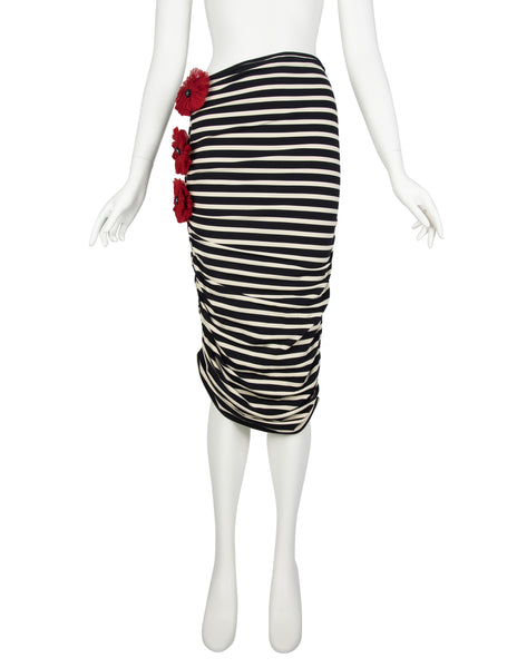 Jean Paul Gaultier Vintage Black White Striped Red Flower Ruched Mini Dress / Skirt