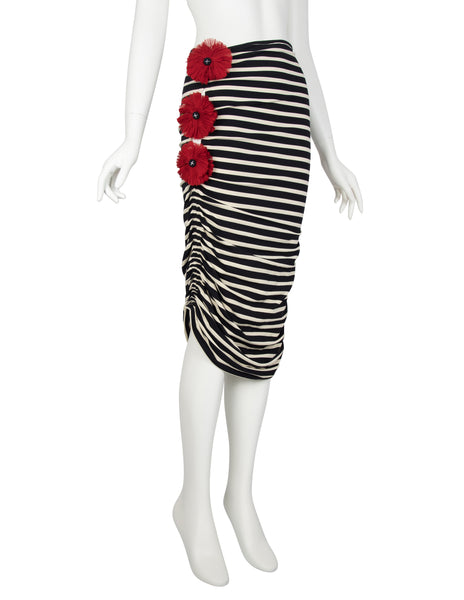 Jean Paul Gaultier Vintage Black White Striped Red Flower Ruched Mini Dress / Skirt