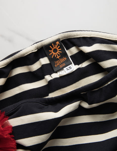 Jean Paul Gaultier Vintage Black White Striped Red Flower Ruched Mini Dress / Skirt