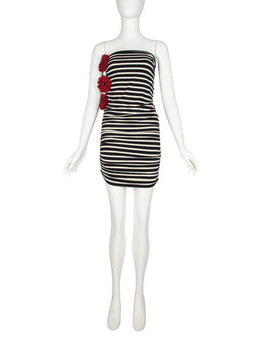 Jean Paul Gaultier Vintage Black White Striped Red Flower Ruched Mini Dress / Skirt