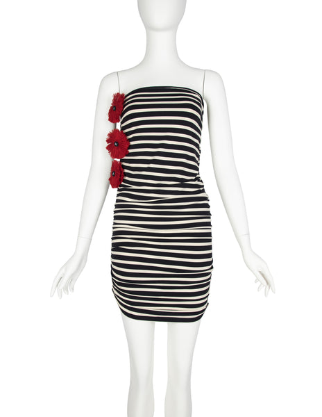 Jean Paul Gaultier Vintage Black White Striped Red Flower Ruched Mini Dress / Skirt