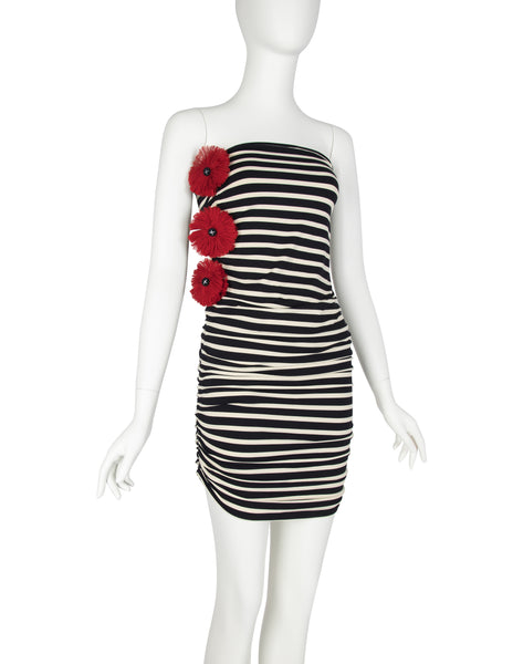 Jean Paul Gaultier Vintage Black White Striped Red Flower Ruched Mini Dress / Skirt