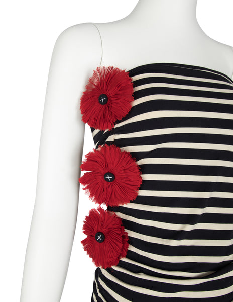 Jean Paul Gaultier Vintage Black White Striped Red Flower Ruched Mini Dress / Skirt